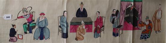 An early 20th century painted silk hand scroll, figures from opera